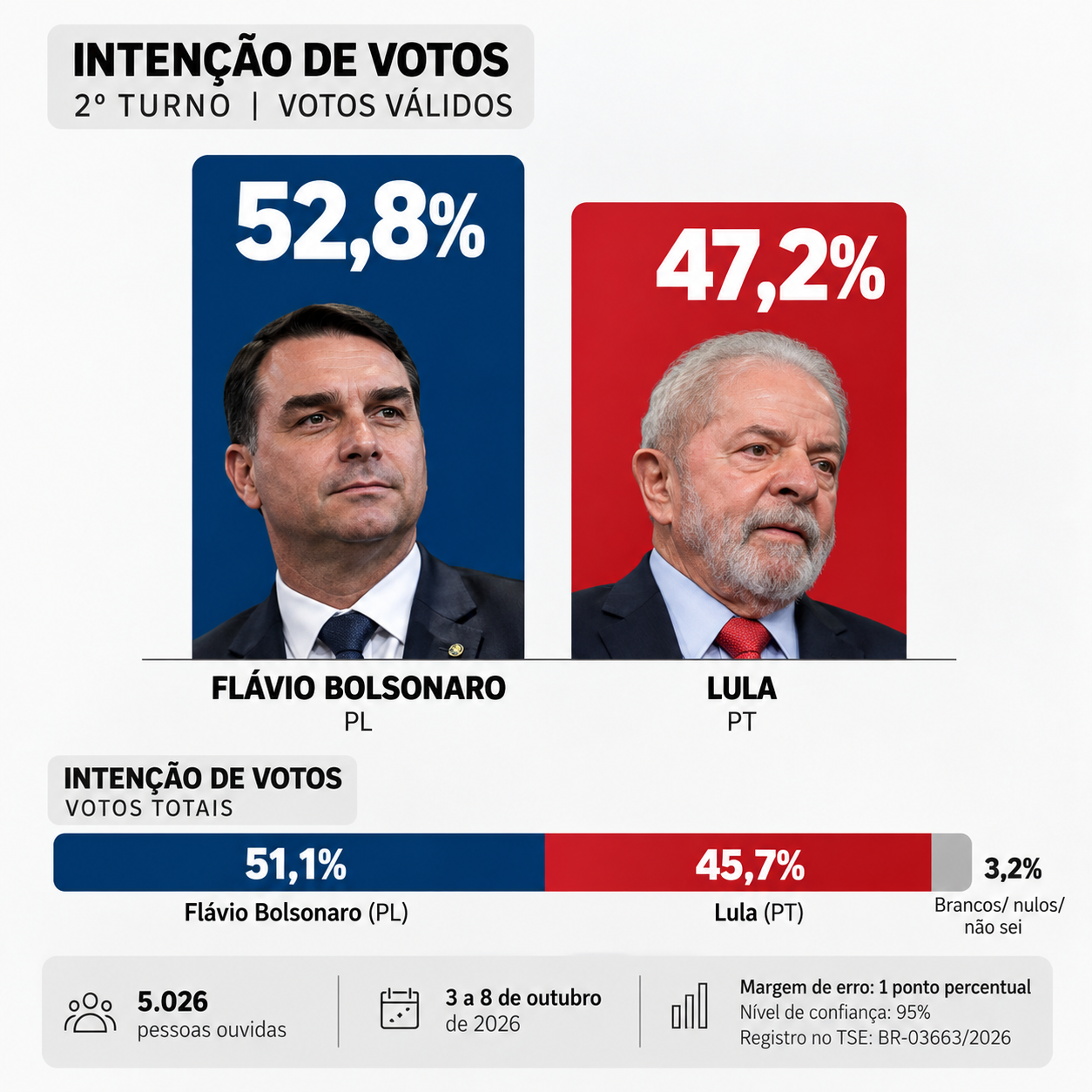 Flávio abre 5,6 pontos sobre Lula no 2º turno e chega a 52,8% dos votos válidos